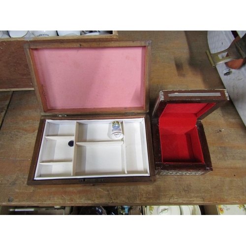 62 - INLAID WOODEN SEWING BOX; ONE OTHER