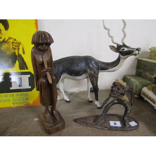 8 - GAZELLE FIGURE; TWO AFRICAN WOODEN FIGURES