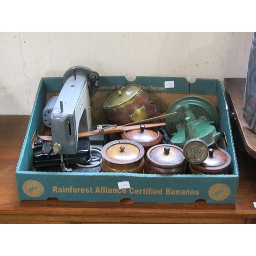 701 - TWO BOXES OF WOODEN ITEMS, SCALES, SEWING MACHINE ETC.