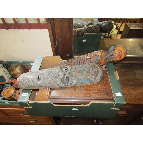 701 - TWO BOXES OF WOODEN ITEMS, SCALES, SEWING MACHINE ETC.