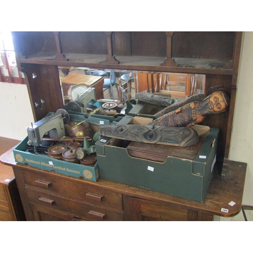 701 - TWO BOXES OF WOODEN ITEMS, SCALES, SEWING MACHINE ETC.