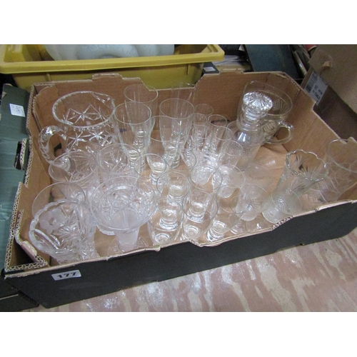 177 - BOX OF GLASSWARE; CRYSTAL JUGS ETC