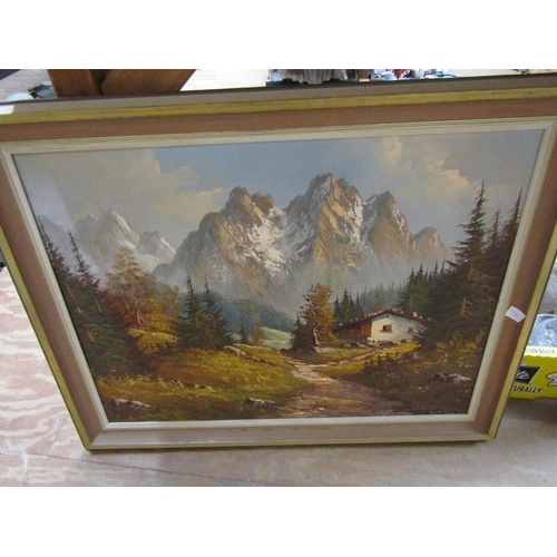 206 - FRAMED PHOTOGRAPHIC PRINT; OIL - ALPINE SCENE