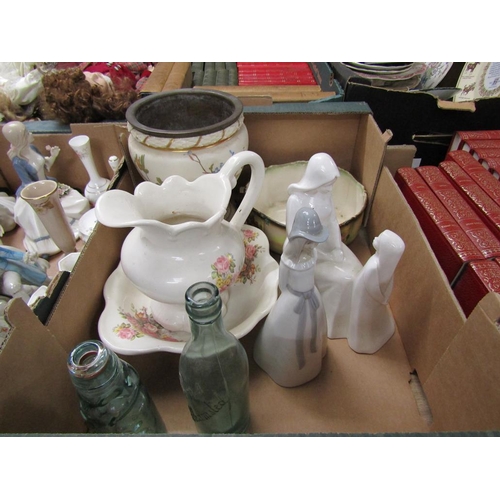 236 - BOX OF MIXED CERAMICS TO INCL OIL LAMP BASE, FIGURINES