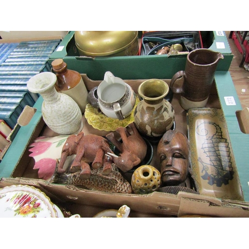 272 - BOX OF MIXED CERAMICS, CARVED WOODEN ANIMALS AND FIGURES