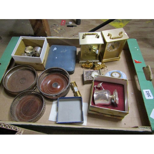 302 - BOX TO INCL SILVER PLATED COASTERS, MANTEL CLOCKS AND OTHERS CLOCKS ETC