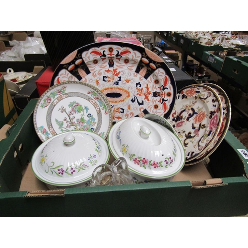 306 - BOX OF TABLEWARES, TUREENS & COVERS, IMARI PLATTER