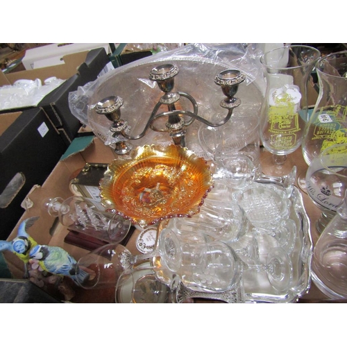 308 - QTY OF GLASSWARE, SILVER PLATE CANDELABRA, CARNIVAL GLASS ETC