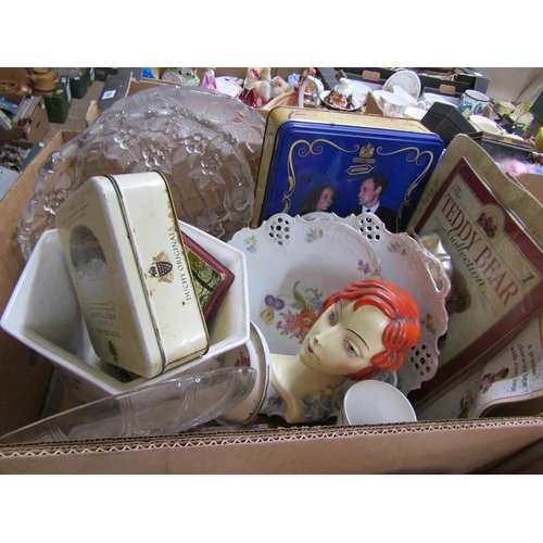 323 - BOX OF MIXED CERAMICS AND GLASSWARE, ART DECO BUST