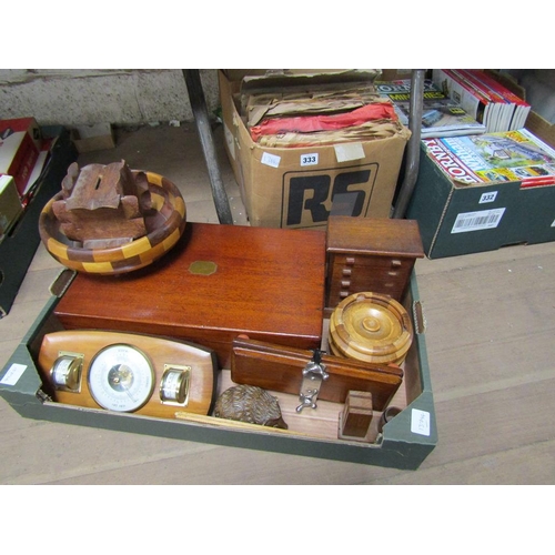 334 - BOX OF TREEN - BAROMETER, BOXES