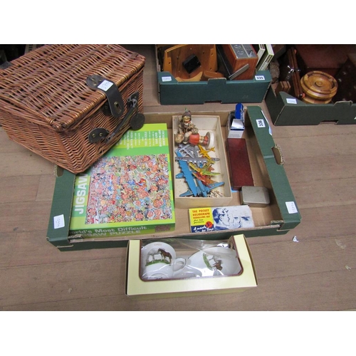 336 - BOX TO INCL WICKER BASKET, HUMMEL FIGURES, MODEL AEROPLANES ETC