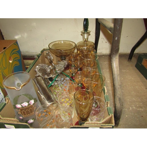 377 - BOX OF ART GLASS, COCKTAIL SHAKERS ETC