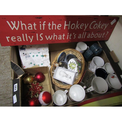 383 - QTY OF MUGS, CHRISTMAS DECORATIONS ETC