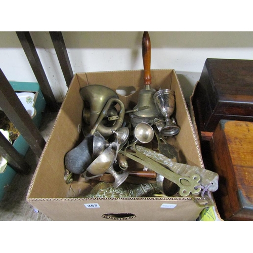 387 - MIXED METALWARE - HAND BELLS, CAR HORN ETC