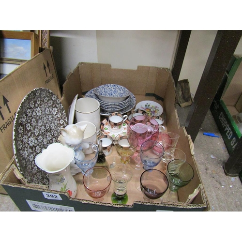 392 - BOX OF MIXED CERAMICS - TEA AND TABLEWARES; COLOURED GLASS