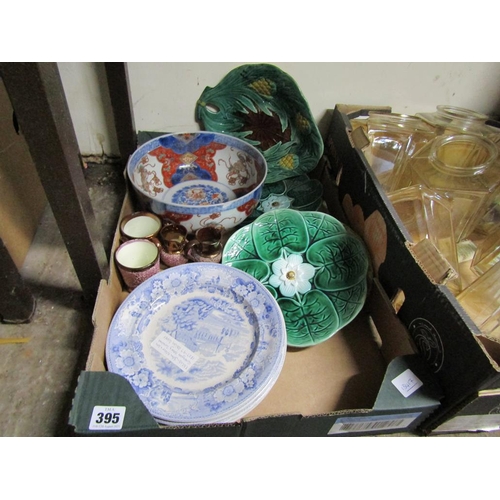 395 - BOX OF MIXED CERAMICS TO INCL IMARI, VICTORIAN MAJOLICA PLATES