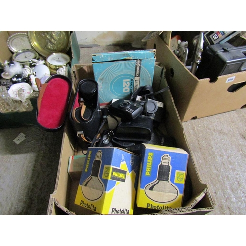 397 - BOX OF CAMERAS AND EQUIPMENT