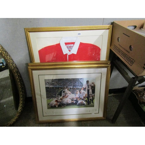 402 - FRAMED AND SIGNED RUGBY SHIRT AND PRINTS