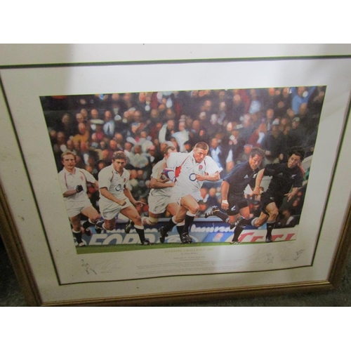 402 - FRAMED AND SIGNED RUGBY SHIRT AND PRINTS