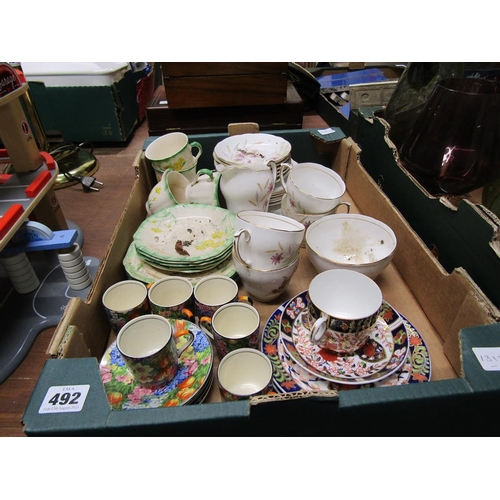 492 - BOX OF TEA WARES TO INCL DERBY IMARI