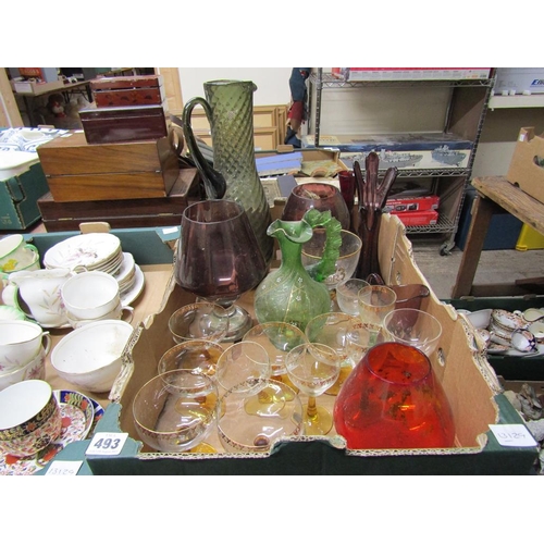 493 - BOX OF COLOURED GLASSWARE AND GLASSES