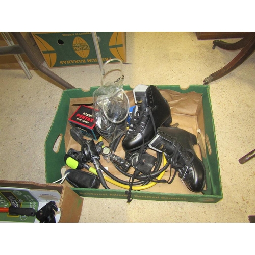 1094 - BOX OF ICE SKATES, DIVING EQUIPMENT ETC