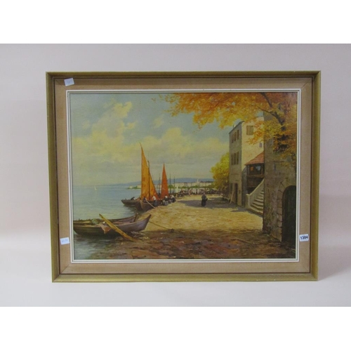 1304 - W RICHTER - MEDITERRANEAN COASTAL VILLAGE, OELOGRAPH, FRAMED, 60CM X 30CM