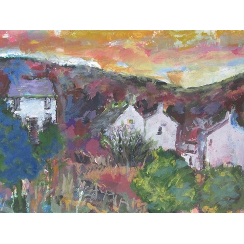 1311 - MOLLY BINFIELD - SIGNED IN MONO, COTTAGES IN NORTHERN LANDSCAPE, OIL ON PAPER, F/G, 34CM X 50CM