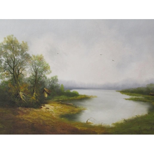 1312 - KOENIG - INLAND LAKE, SIGNED OIL ON CANVAS, FRAMED, 50CM X 100CM