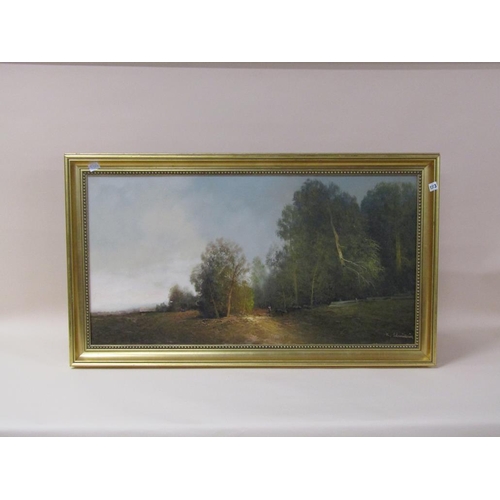 1313 - K SCHLING?? - WOODLAND SETTING, SIGNED OIL ON CANVAS, FRAMED, 50CMX 95CM