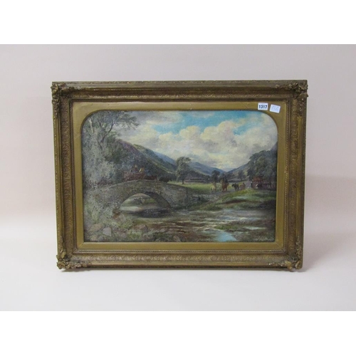 1317 - UNSIGNED 19C - STONE BRIDGE WITH HORSE AND CART CROSSING, OIL ON CANVAS, FRAMED, 44CM X 65CM