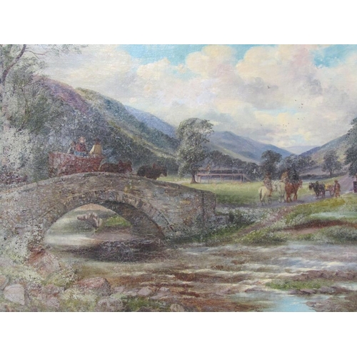 1317 - UNSIGNED 19C - STONE BRIDGE WITH HORSE AND CART CROSSING, OIL ON CANVAS, FRAMED, 44CM X 65CM