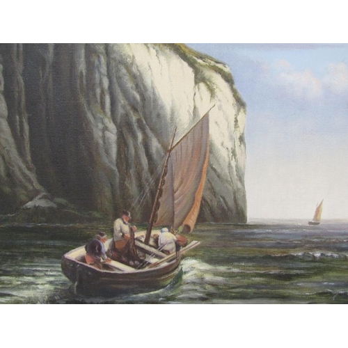 1318 - UNSIGNED EARLY 20C  BRITISH SCHOOL - SAILING CLOSE TO CLIFFS, OIL ON CANVAS, FRAMED, 28CM X 38CM