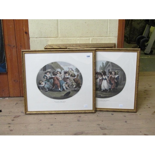 1329 - COLLECTION OF SIX VICTORIAN OVAL COLOURED PRINTS - CHILDREN AND THEIR GAMES, EACH F/G, 40CM X 44CM