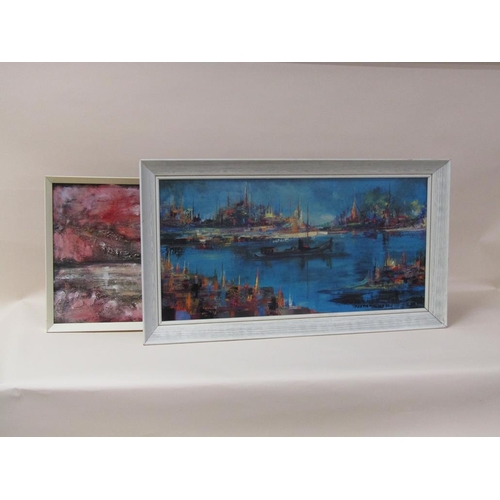 1340 - MARTIN ROLLAND 65 - TWO PICTURES  - BUSY CITY HARBOUR & SUNSET, OIL ON BOARD & PRINT, FRAMED, 44CM X... 