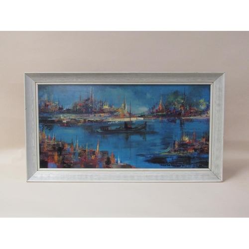 1340 - MARTIN ROLLAND 65 - TWO PICTURES  - BUSY CITY HARBOUR & SUNSET, OIL ON BOARD & PRINT, FRAMED, 44CM X... 