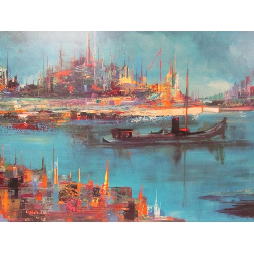 1340 - MARTIN ROLLAND 65 - TWO PICTURES  - BUSY CITY HARBOUR & SUNSET, OIL ON BOARD & PRINT, FRAMED, 44CM X... 