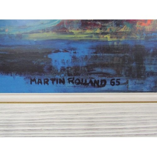 1340 - MARTIN ROLLAND 65 - TWO PICTURES  - BUSY CITY HARBOUR & SUNSET, OIL ON BOARD & PRINT, FRAMED, 44CM X... 