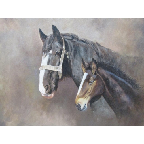 1341 - FRANK WRIGHT - MARE AND FOAL, SIGNED OIL ON CANVAS, FRAMED, 40CM X 50CM