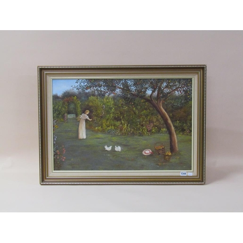 1344 - SIGNED INDISTINCTLY - LADY IN A GARDEN SETTING, OIL ON BOARD, FRAMED, 48CM X 72CM