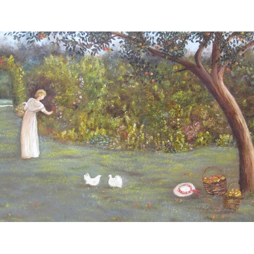 1344 - SIGNED INDISTINCTLY - LADY IN A GARDEN SETTING, OIL ON BOARD, FRAMED, 48CM X 72CM