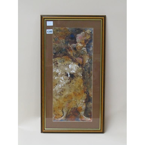 1345 - SIGNED INDISTINCTLY - ABSTRACT WATERCOLOUR, FIGURE, F/G, 49CM X 20CM