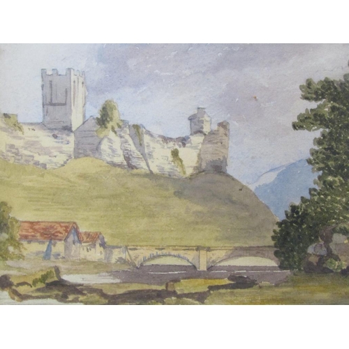 1346 - SIGNED IN MONO PM - RUINED CASTLE ON THE HILL TOP, WATERCOLOUR, F/G, 17CM X 24CM