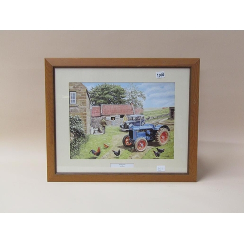 1360 - TREVOR MITCHELL - FARM YARD FORDSON, FRAMED COLOURED PRINT, 30CM X 40CM