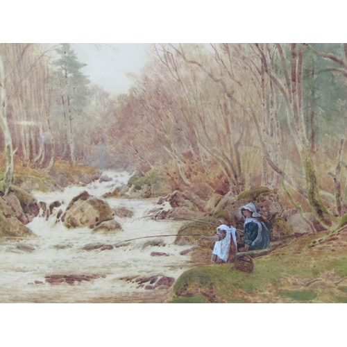 1369 - C L SAUNDERS - LADY AND A YOUNG GIRL FISHING IN A FAST FLOWING RIVER, SIGNED WATERCOLOUR, F/G, 29CM ... 