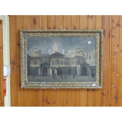 1370 - MARKS - STREET SCENE WITH CENTURIES ON GUARD, OIL ON BOARD, FRAMED, 48CM X 76CM