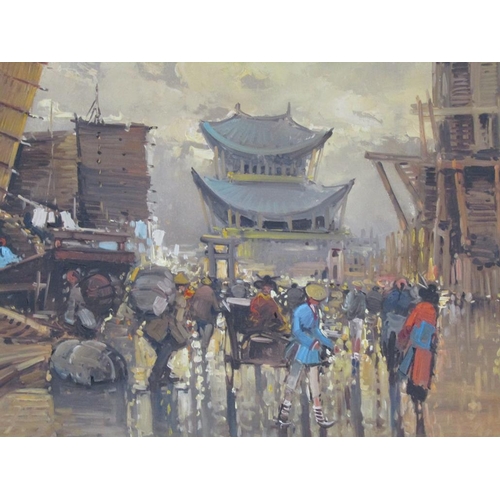 1382 - SIGNED INDISTINCTLY - CHINESE STREET SCENE WITH MOORED JUNK - HONG KONG, FRAMED, 57CM X 120CM