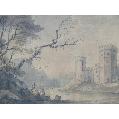 1396 - SIGNED INDISTINCTLY LATE 18C - TWO FIGURES ON THE BANKS OF A RIVER CLOSE TO CASTLE, WATERCOLOUR, F/G... 