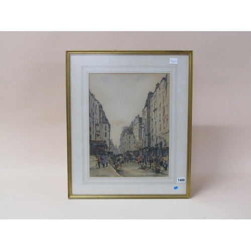 1400 - LOUISE NOIGENT - STREET IN PARIS, SIGNED AND TITLED, F/G, WATERCOLOUR, 41CM X 31CM