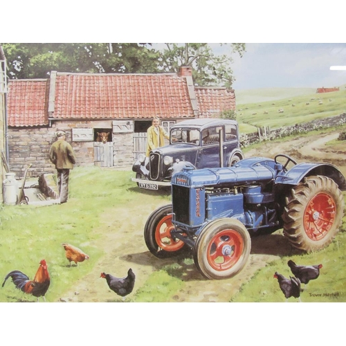 1360 - TREVOR MITCHELL - FARM YARD FORDSON, FRAMED COLOURED PRINT, 30CM X 40CM